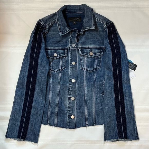 Liverpool Los Angeles Velvet Trim Frayed Denim‎ Jacket Sz S NWT - Picture 3 of 16